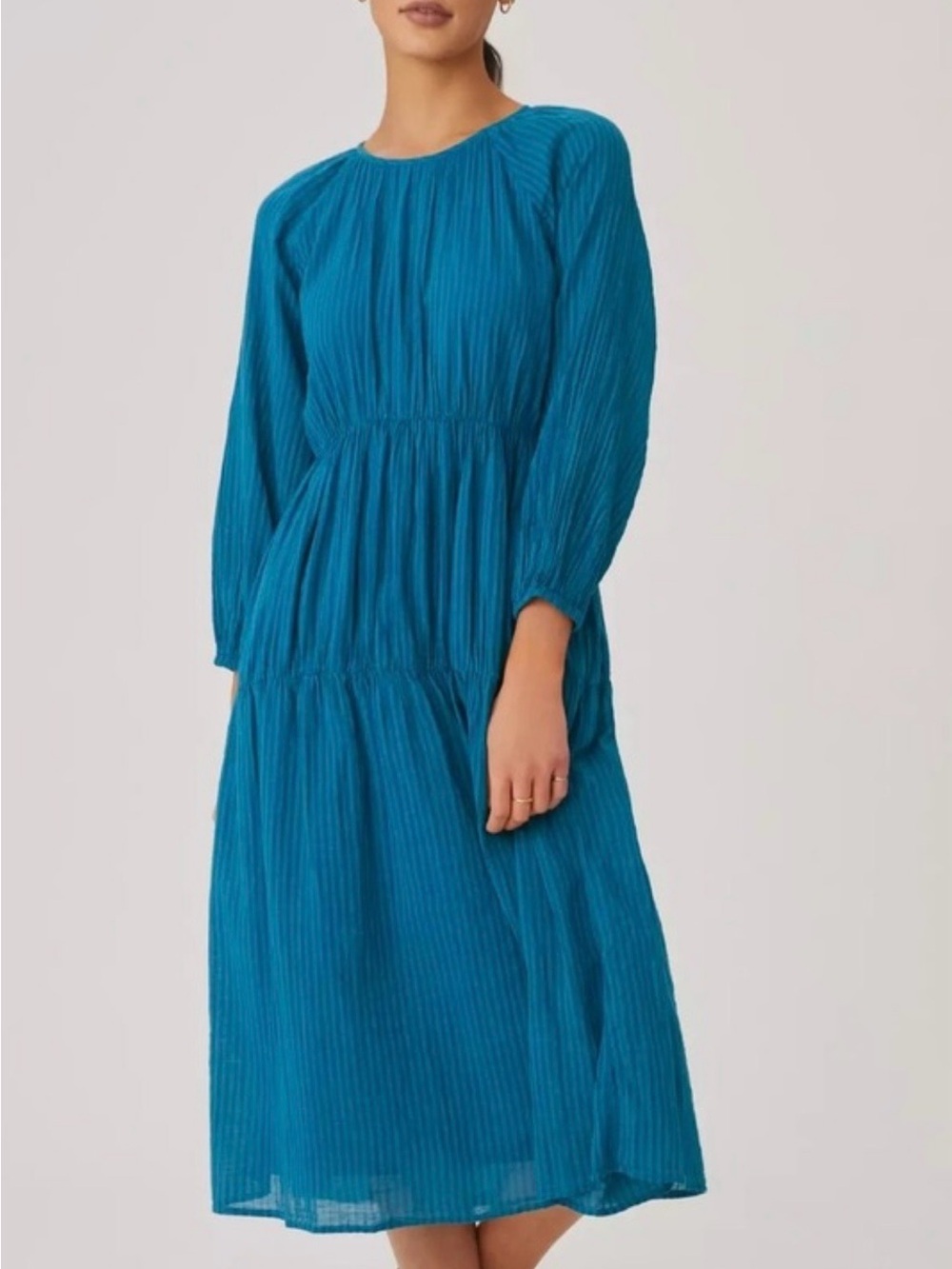 Sundry Teal Blue Long Sleeve Pleated Midi Dress